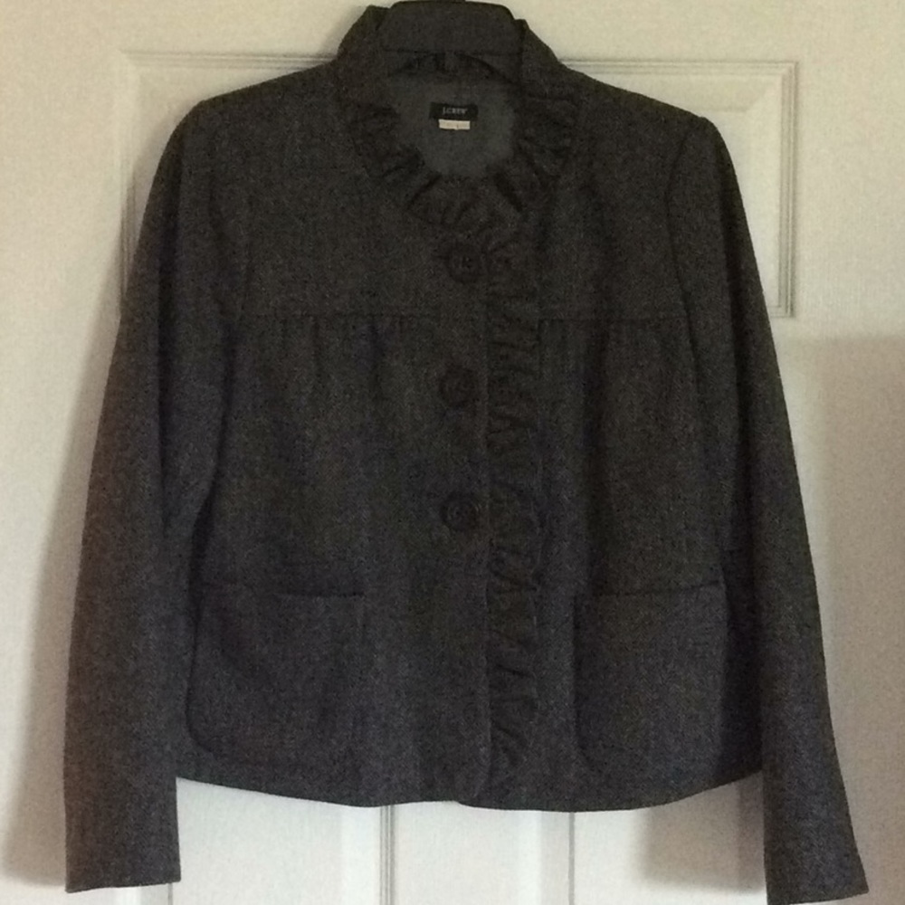 J. Crew Grey Tweed Ruffled Swing Blazer, Size 10.